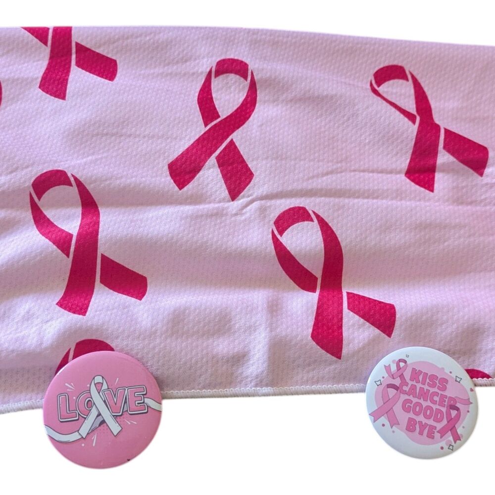 Breast Cancer Awareness Pink Ribbon Cooling Towel + 2 Button Pins Bundle
